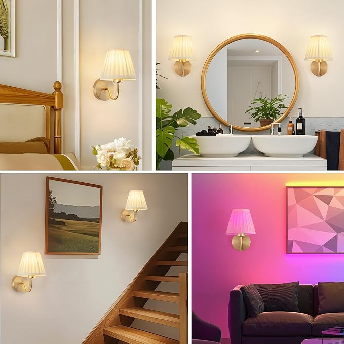 Vintage Battery Operated Wall Sconces Set of 2, Pleated Fabric Shade Gold Wall Lamp with Remote Control, Cordless Rechargeable Wall Sconces Fixtures for Bedroom, Living Room, Beside (2 Bulbs Included)
