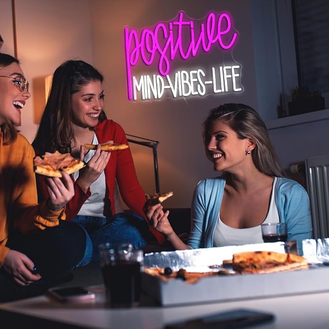 Positive Mind Vibes Life Neon Sign Pink White LED Neon Light for Wall Decor Dimmable Positive Light Up Sign for Classroon Office Girls Living Room Home Bar Club Salon (16.5''*12.6'')