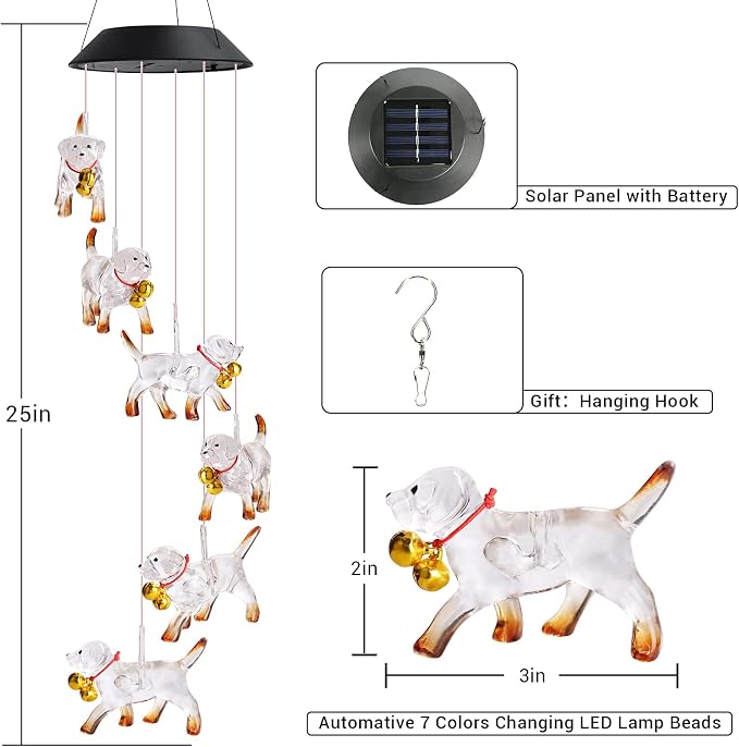 Toodour Solar Wind Chime, Color Changing Wind Chimes Dog | LED Decorative Mobile, Gifts for Mom Grandma, Waterproof Outdoor Decorative Lights, Garden, Patio, Yard, Window Outdoor Decor