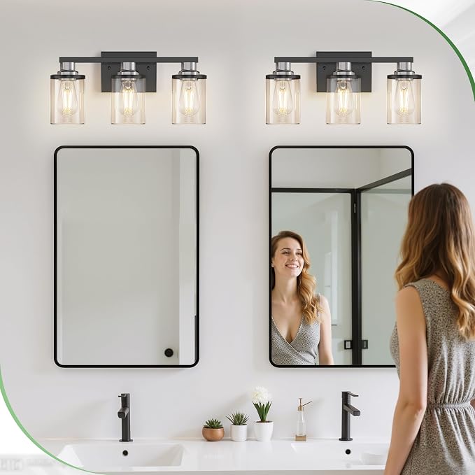 17 Inch 3-Light Black Nickel Bathroom Vanity Light | Modern Black Nickel Vanity Light Fixture, Clear Glass Shade Bathroom Wall Light, Mirror Lighting for Bedroom Living Room