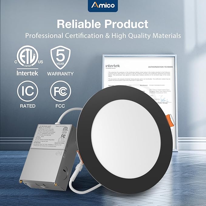 Amico 12 Pack Black 6 Inch 5CCT Ultra-Thin LED Recessed Ceiling Light with J-Box, 2700K-5000K Selectable, 12W=110W, Dimmable Canless Downlight, 1050LM High Brightness
