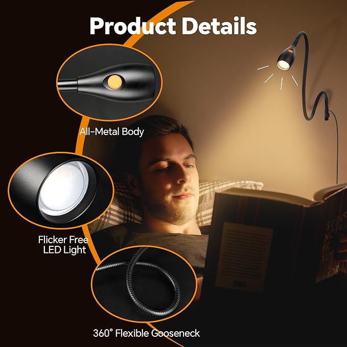 Wall/Headboard Mounted Reading Light with Lamp Head Switch | Minimalist Design, USB-C Powered, CRI 95+,4000K + Amber Nightlight,8–100% Dimmable, Metal Gooseneck,For Home Bedroom Bedside