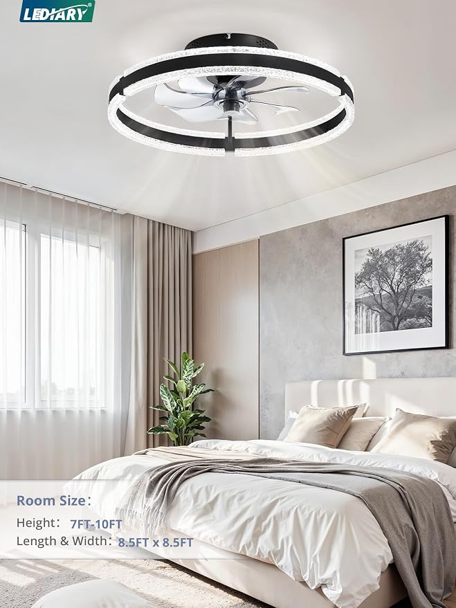 LEDIARY Ceiling Fans with Lights and Remote, 20'' Low Profile Ceiling Fan with Light, 3000-6000K Dimmable Fandelier Ceiling Fans, Modern Flush Mount Fan Light for Bedroom with 6 Wind Speeds- Black | 3000-6000K Dimmable LED, 6 Wind Speeds, Quiet Reversi...