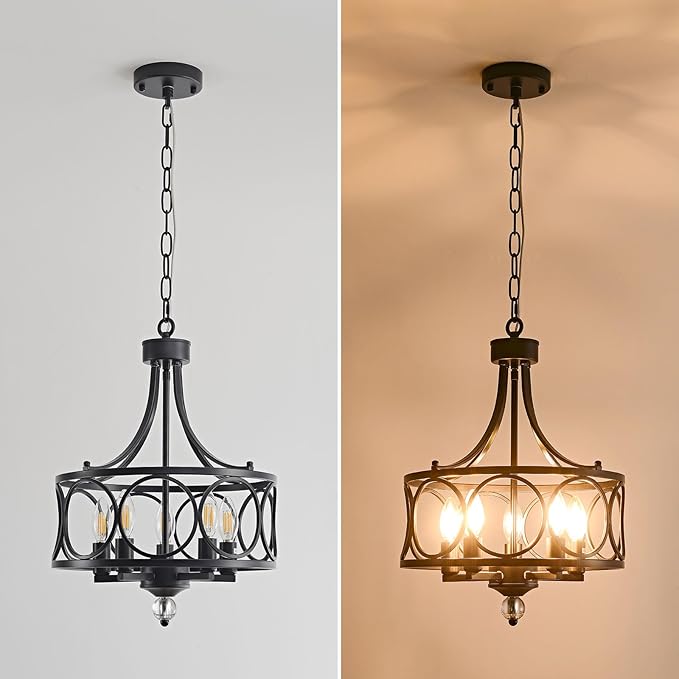 5-Light Black Chandelier,14.2in Farmhouse Lantern Pendant Light Fixture,Adjustable Hanging Ceiling Lighting with E12 Socket,for Kitchen Island,Bedroom,Entryway,Dining Room