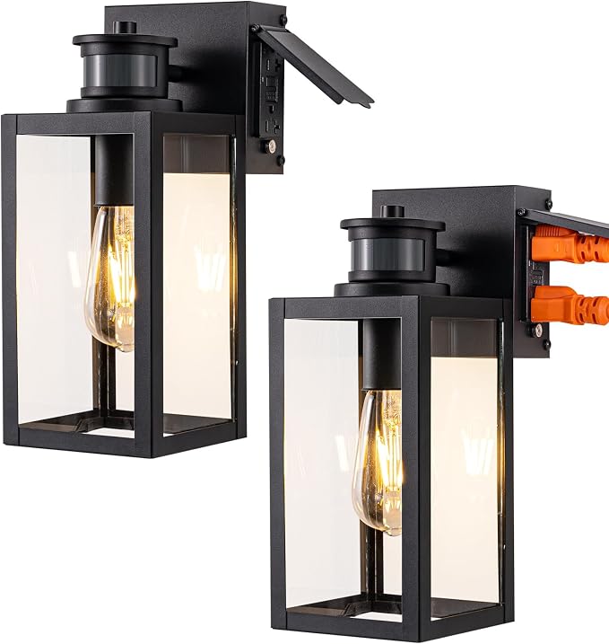 EDISHINE Porch Lights with Outlet, 12" H Motion Sensor & 3 Modes Modern Outdoor Wall Lights, Dusk to Dawn Exterior Lighting Fixtures Waterproof Outside Wall Sconce for Patio, Doorway, Garage, 2 Pack
