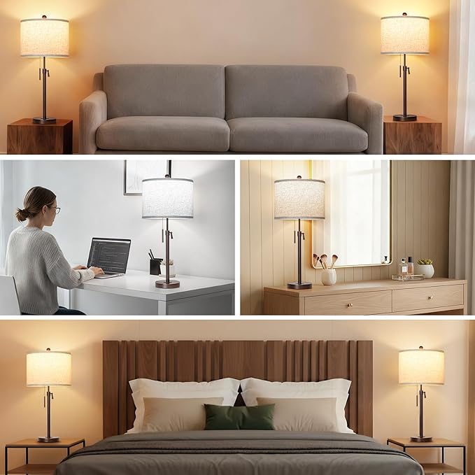 Table Lamps for Bedrooms Set of 2, 22" to 30" Height Adjustable Nightstand Lamps with Linen Shade, Pull Chain Switch Lamps for Living Room, 3 Way Dimmable Bedside Lamp