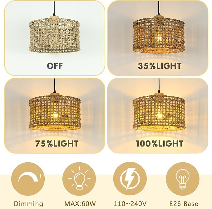 Hand-Woven Rattan Pendant Light, 11.8" Bohemian 1-Light Natural Wicker Hanging Lighting Fixture Ceiling Farmhouse Basket Hanging Lamp Chandelier for Kitchen Island, Living Dining Room