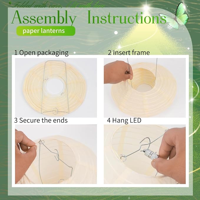 Boho Chinese Paper Lanterns LED Lights, 10-Pack 10inch | Hanging Lights in Cream, Sage & Forest Green for Garden Party, Boho Wedding, Birthday Decorations & Home Party