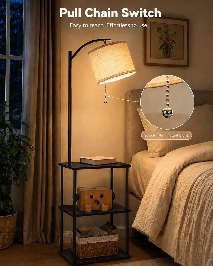 GERGO Floor Lamp with Table, Side Table for Living Room, 3 CCT 9W LED Bulb | Adjustable Linen Shade & Pull Chain, Modern Coffee End Table, Night Stand with Storage Shelves for Bedroom, Office Home Décor