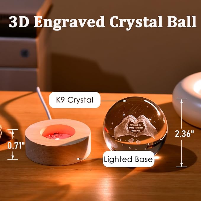 IFOLAINA 3D Heart Crystal Ball for Women Mom Wife Friends Valentines Glass Heart Hands Shaped Decor 2.36" Decorative Glass Sphere Lamp - Grateful for Every Moment with You