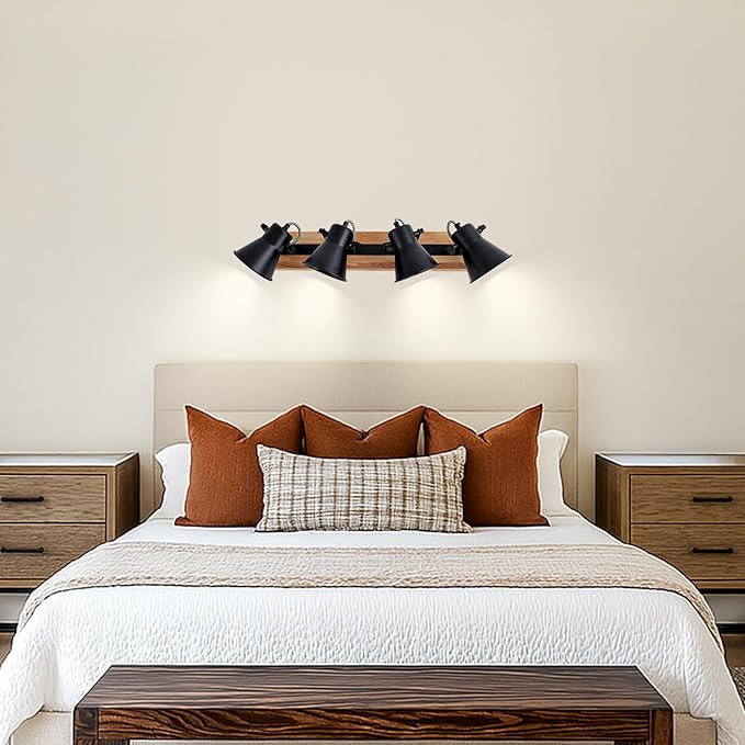 SEEBLEN 4-Lights Rustic Flush Mount Ceiling Light, Industrial Track Lighting Fixture, Rotatable Kitchen Track Lighting with Wood Base for Sink Dining Room, Living Room