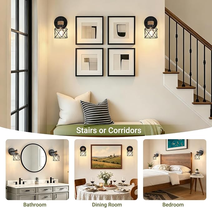 Set of 2 Wall Sconces for Bathroom, Black Modern Vanity Lights with Metal Lampshade, Bathroom Wall Lamp for Mirror Kitchen Living Room Hallway Cabinet Porch, E26 Socket