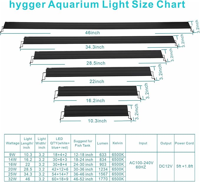 hygger 32W Full Spectrum Aquarium Light with Aluminum Alloy Shell Extendable Brackets, White Blue Red LEDs, External Controller, for Freshwater Fish Tank (46-52 inch)