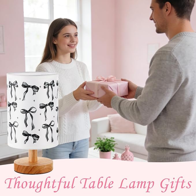 Lonfliness Black Bow Kids Table Lamp Kids Bedside Lamp Bedroom LED Night Light with Linen Wooden Nightstand Cartoon Nursery Lampshade for Girls Boys Living Room