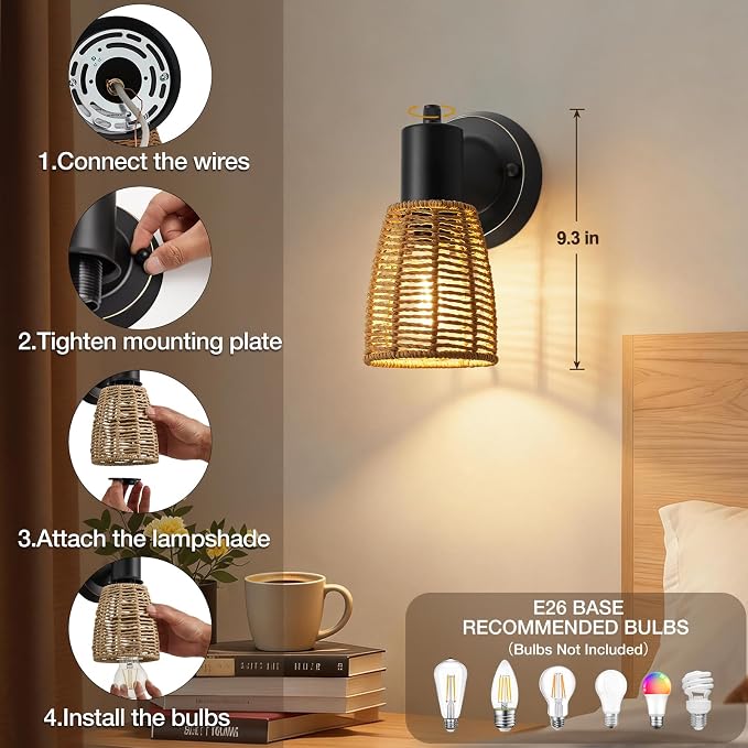 EJIAXIN Boho Rattan Wall Sconces Set of 2 - Vanity Lights for Bathroom Farmhouse Wall Light Fixtures with Rotary Switch - Black Indoor Wall Mount Lighting Rustic Lamp for Bedroom Living Room Hallway