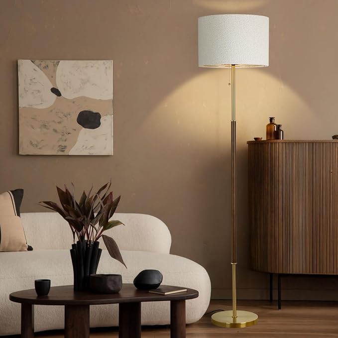 LALISU Wood Floor Lamp for Living Room Gold Traditional Farmhouse Floor Lamps Mid-Century Pole Lamp with Linen Lamp Shade, Standing Tall Floor Lamps for Bedrooms and Office (Gold)