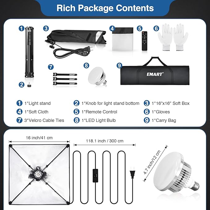 EMART Softbox Lighting Kit, 16"X16" Soft Box, 3000K-6000K 85W LED Bulbs with Remote, 65" Tripod, Professional Softbox Photography Lighting Kit for Studio Lights, Portrait, Video Recording(1PACK)