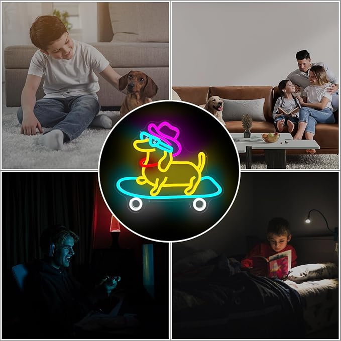 Skateboard Dog Neon Sign Dog Neon Lights for Wall Decor Dimmable Animal Led Signs for Bedroom Cool Dachshund Neon Light Sign Decoration for Pet Shop Party Bar