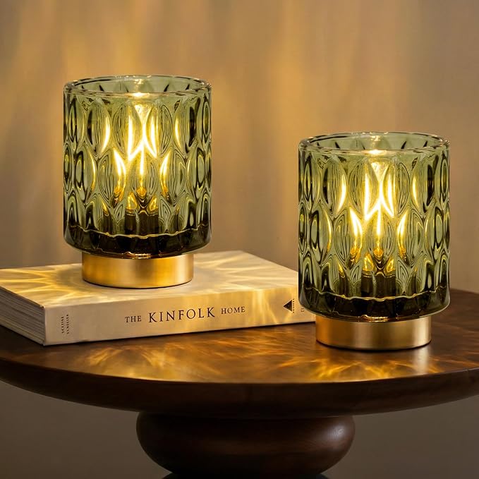 Battery Operated Table Lamp Timer, Small Cordless Lamps Decorative, 2 Green | Mini Crystal Lamp for Area No Plug, LED Battery Powered Lamps Wireless, Glass Accent Light for Bathroom Fireplace Shelf Decor