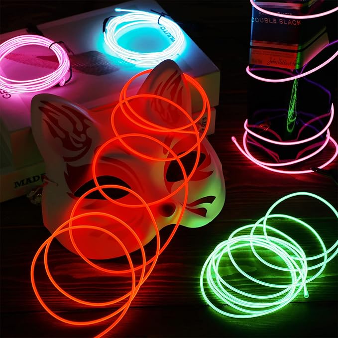 Hortsun 15 Pack 10ft Neon Light El Wire Portable Cuttable Neon Glowing Battery Powered LED Lights Glow in The Dark with Battery Pack for Halloween Party