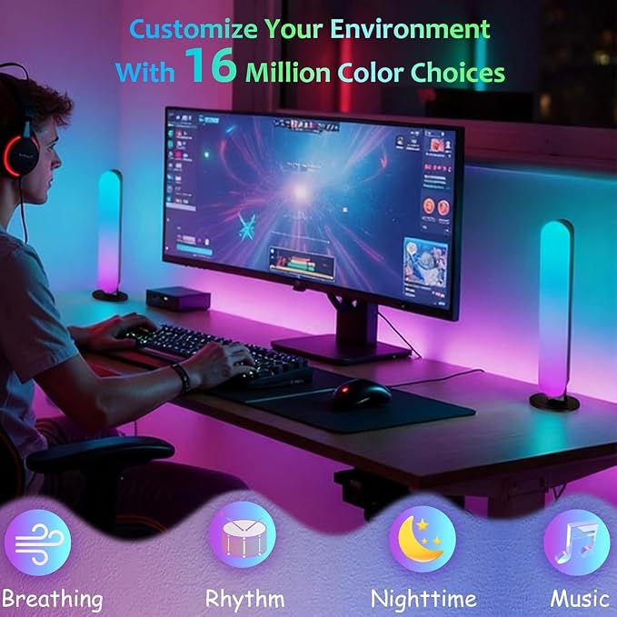 Smart RGB LED Light Bars for Gaming Desk, PC Monitor, TV – 10 Inch, Music Sync, Remote Control, 15 Modes, USB Powered, Horizontal & Stereoscopic Placement for Room Decor & Mood Lighting
