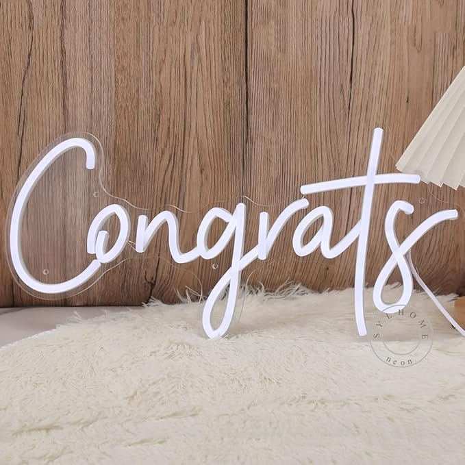 SYLHOME Congrats LED Neon Light Sign for Wedding Birthday Party Graduation Background Wall Decor Sign Celebration Banquet Light Up Sign 15.75" X 7.4" USB Indoors Cold White