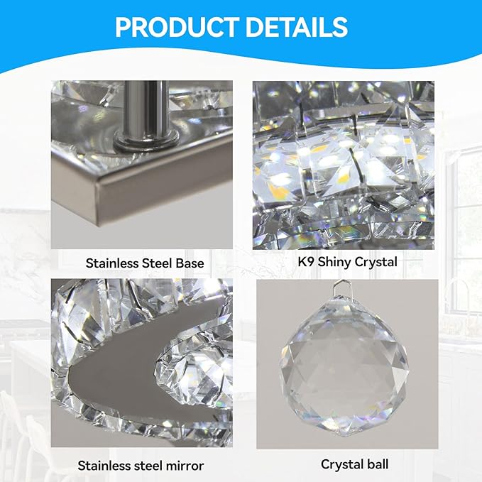 Modern Crystal Chandelier Five Rings LED Crystal Ceiling Light Flush Mount Stainless Steel Pendant Ceiling Lamp for Living Room Bedroom Restaurant Porch Dining Room (Dimmable)