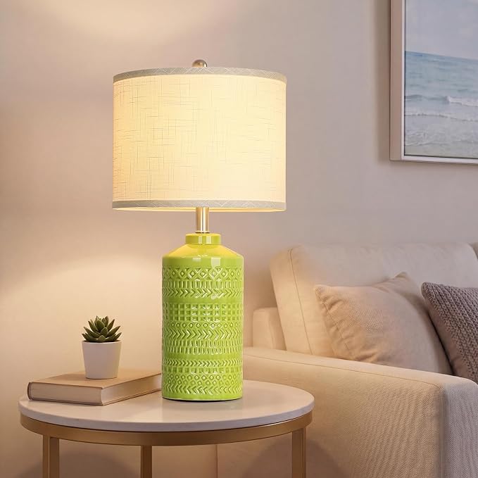 JUNNAI Light Green Ceramic Table Lamp 25 inch 3-Way Dimmable Nightstand Lamp with White Linen Shade Bedside Lamp for Living Room Bedroom Office Reading (Bulb Included)