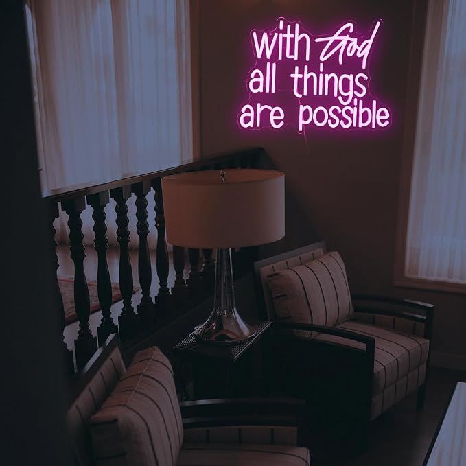 With God All Things Are Possible Neon Sign Beautiful Pink God Led Lights for Wall Decor Dimmable USB Powered Light up Sign 16.9 * 13 Inch Neon Light for Room Party Wedding Church Decor
