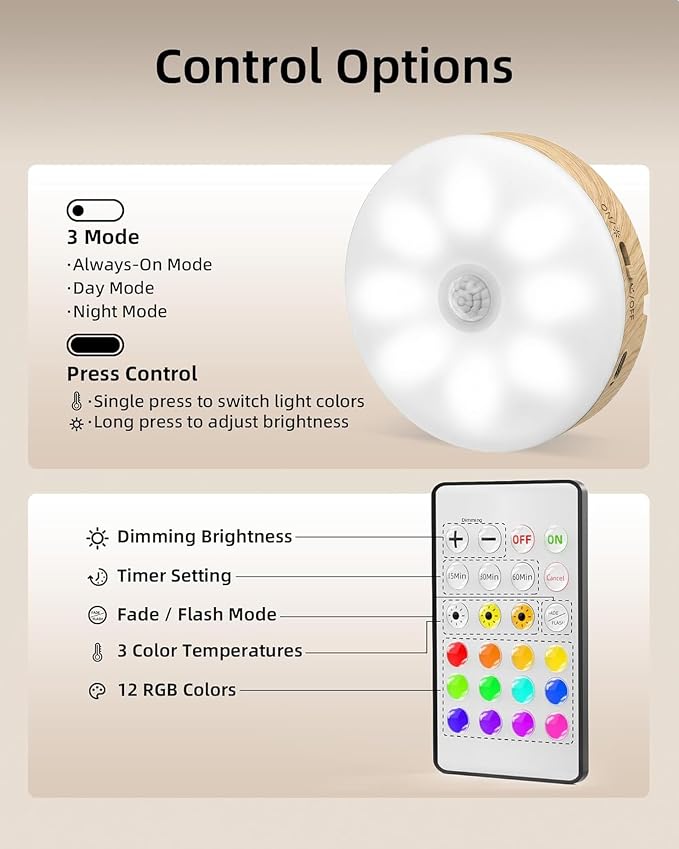 EZVALO Under Cabinet Lighting with Charging Station, 1000mAh Rechargeable Puck Lights with Remote, 3 Color Temps & 12 RGB Closet Lights, Dimmable Motion Sensor Lights for Shelf, Kitchen (6 Packs)