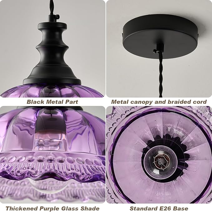 HDDFL Glass Pendant Lights Modern Pendant Lighting Fixtures Hanging Lamp for Kitchen Island Bedroom Dining Room Coffee Shop Hallway Black and Purple