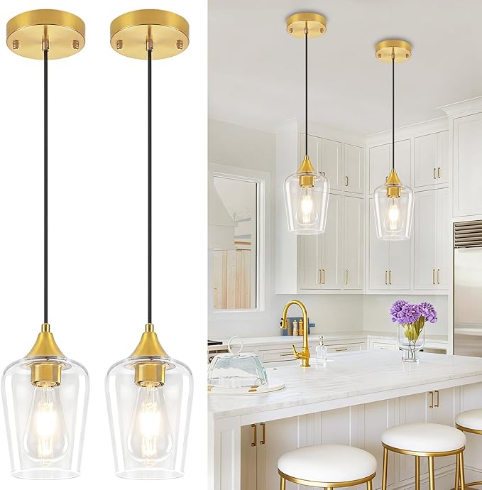 2 Pack Brushed Gold Pendant Lights Kitchen Island, Glass Pendant Lighting Over Island Modern Kitchen Hanging Light Fixtures Adjustable Pendant Lights for Dining Room Bathroom Bedroom Hallway Foyer