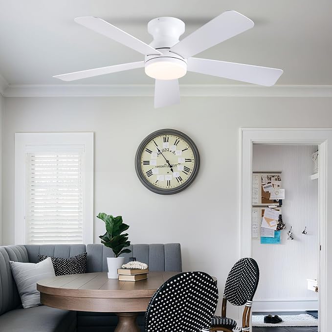 46 inch Ceiling Fans with Lights, White Flush Mount Ceiling Fan with Remote, 3CCT, LED Dimmable, Reversible, 6 Fan Speeds, Quite Low Profile Ceiling Fan with Lights Modern Bedroom Kitchen Indoor