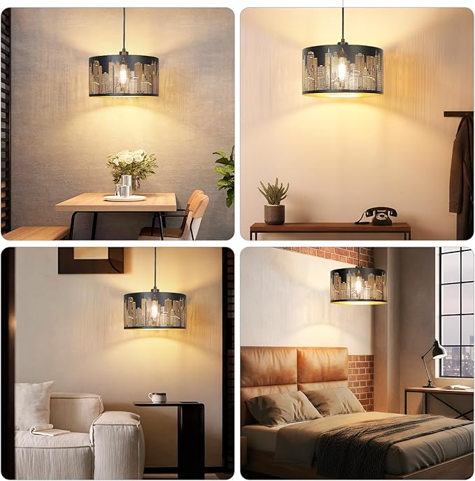 Plug in Pendant Light,Hollowed-Out City Hanging Lamp with 14Ft Plug in Cord, Rustic Farmhouse Pendant Lights for Kitchen Dining Room Bedroom Entryway, with 3-Way Dimmable Bulb (City)