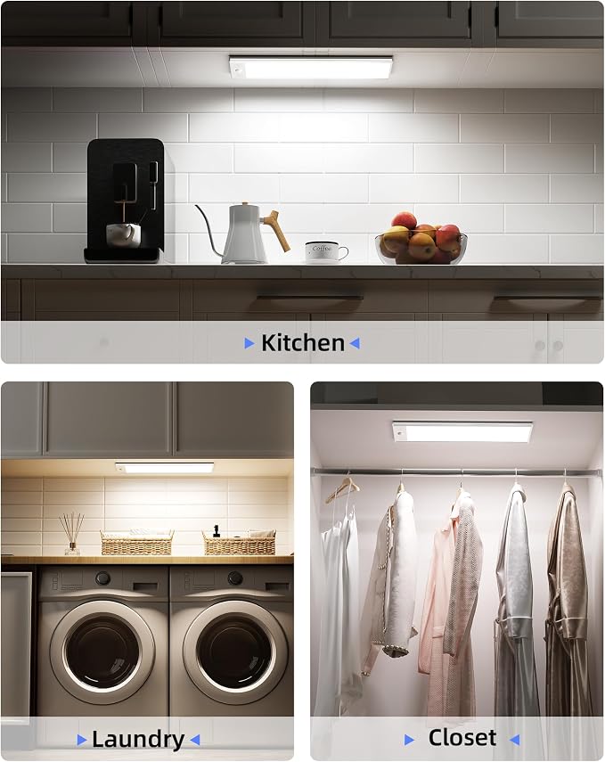 EZVALO 3000mAh Under Cabinet Lights,150LM Motion Sensor Light Indoor 3 Color Temps, Rechargeable 3 inch Wide Body Closet Light Dimmable, Wireless Under Counter Lights for Kitchen 8 inch