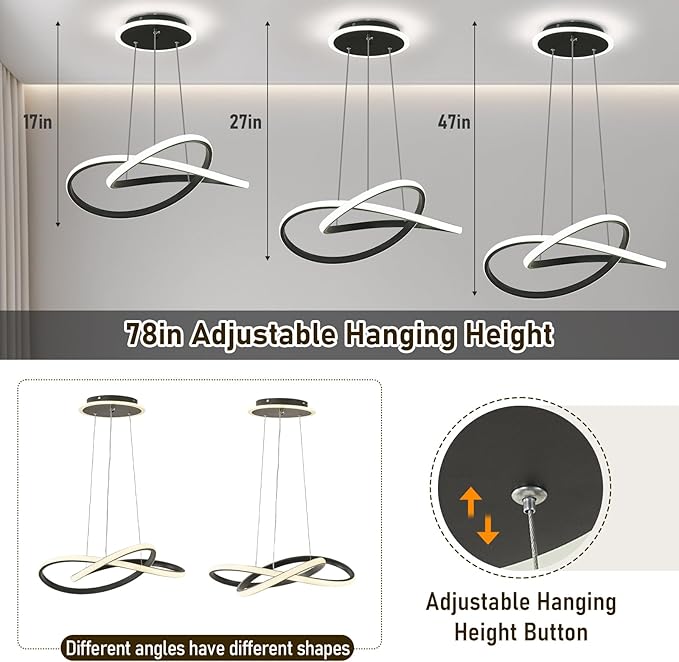 Modern LED Chandelier, 3-Color Dimmable with Remote Control, Adjustable Height Pendant Light Fixture with Base LED Light Strip, Modern Hanging Light for Dining Room Kitchen Island Living Room