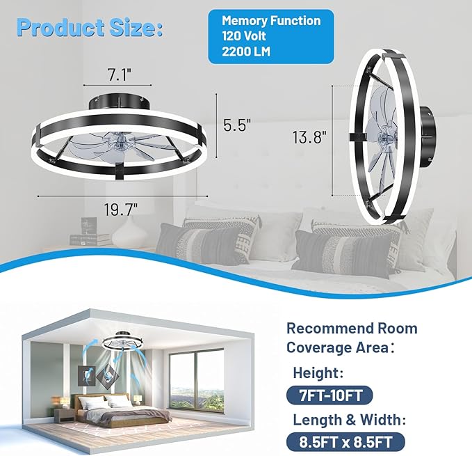 Low Profile Bladeless Ceiling Fan with Lights & Remote - 19.7" Flush Mount Fandelier Light Fan for Bedroom/Kitchen, 3000-6000K Dimmable LED, 6-Speed Modern Fan with Lights for Home/Office