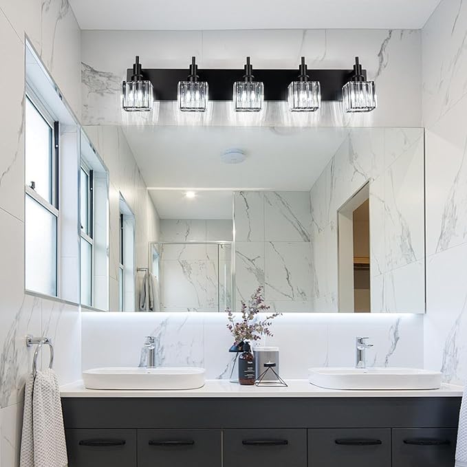 Black Crystal Bathroom Vanity Light 5-Light Modern Bathroom Lighting Fixtures Over Mirror Wall Light Fixtures
