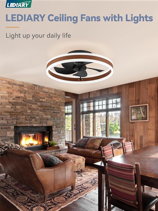 LEDIARY Low Profile Ceiling Fans with Lights, Flush Mount Modern Ceiling Fan and Remote Control, 19.7" LED Ceiling Fans, Stepless Dimmable 3 Colors and 6 Speeds - Walnut