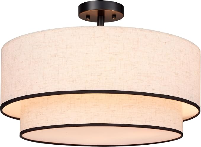 Hamilyeah 20 inch Semi Flush Mount Ceiling Light Fixture with Fabric Shade, Beige Double Layer Light Fixture with 4 Light, Modern Close to Ceiling Lighting for Living Room, Bedroom