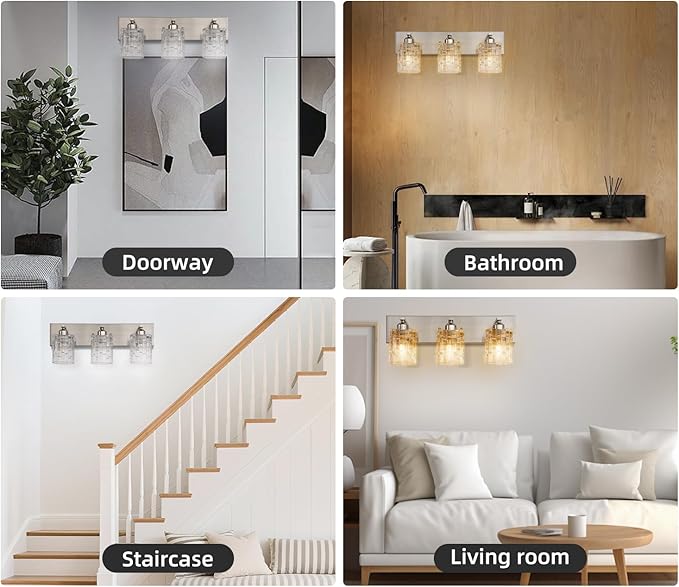 3-Light Crystal Bathroom Vanity Light Over Mirror, Nickel Modern Wall Light Fixture for Bathroom, Living Room, Bedroom, Hallway