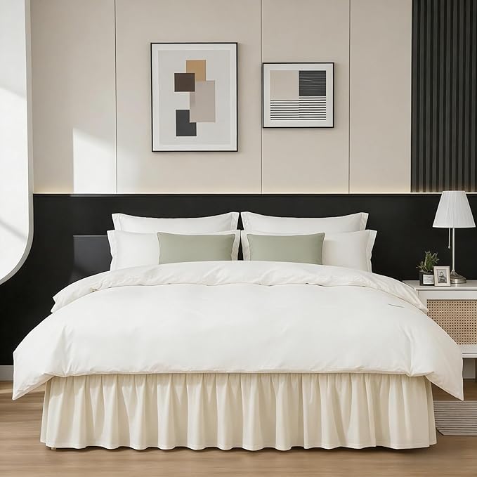 RIMELA Light Beige Bed Skirt Queen Size 18 Inch Drop, Elastic Bed Skirting for Bed Base and Frame, Bedding Dust Ruffle Easy to Install, Lightweight Wrap Around Adjustable Bedskirt