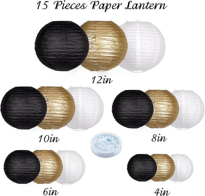 15pcs Paper Lanterns Black Gold Round Hanging Chinese Paper Lanterns 4" 6" 8" 10" 12" for Bachelorette Engagement Wedding Baby Bridal Ner Year Party Decorations