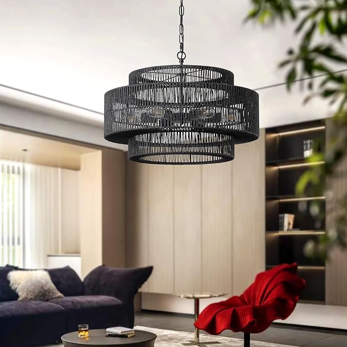 23.6" Black Large Boho Rattan Chandelier Light Fixture, 6-Light Rattan Hand-Woven Rustic Chandelier Drum Pendant Light Fixture for Dining RoomBedroom Living Room Entryway Foyer