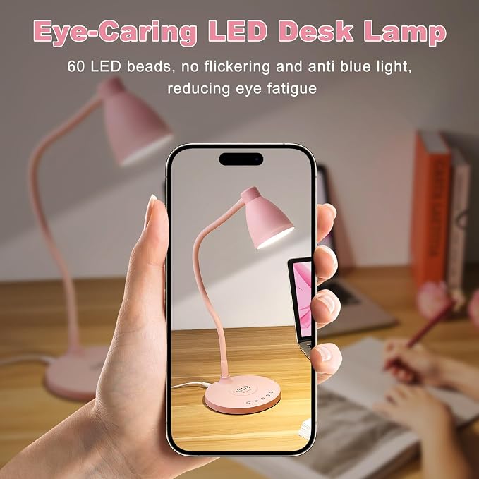 BOHON Cute Desk Lamp for Home Office with USB C+A Charging Port Timer Pink | LED Desk Light with Wireless Charger 5 Colors Stepless Dimming Reading Light Touch Bedside Table Lamp for College Dorm Room