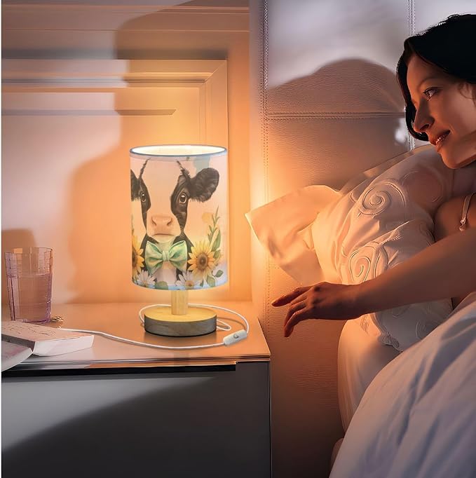 Floral Cute Baby Cow Daisy Sunflower Bedside Table Lamps with USB Port for Bedroom LampSmall Nightstand Lamp Sturdy Linen Shade Wooden Base Decorative Lamps for Nursery Kids Reading Dorm Home