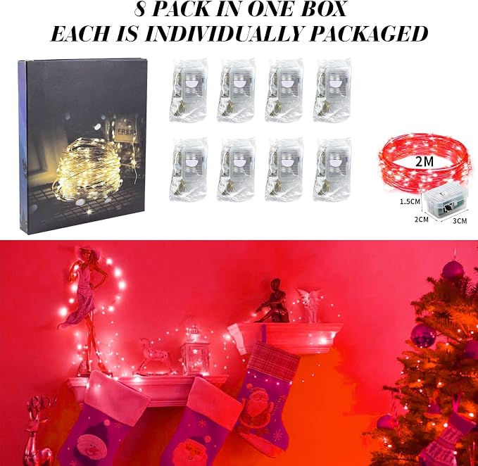 ZGWJ 8 Pack Red Fairy Lights, Mini String Lights | Battery Operated 7 FT 20 LED Waterproof 3 Modes for DIY, Parties, Wedding, Halloween, Christmas Decoration