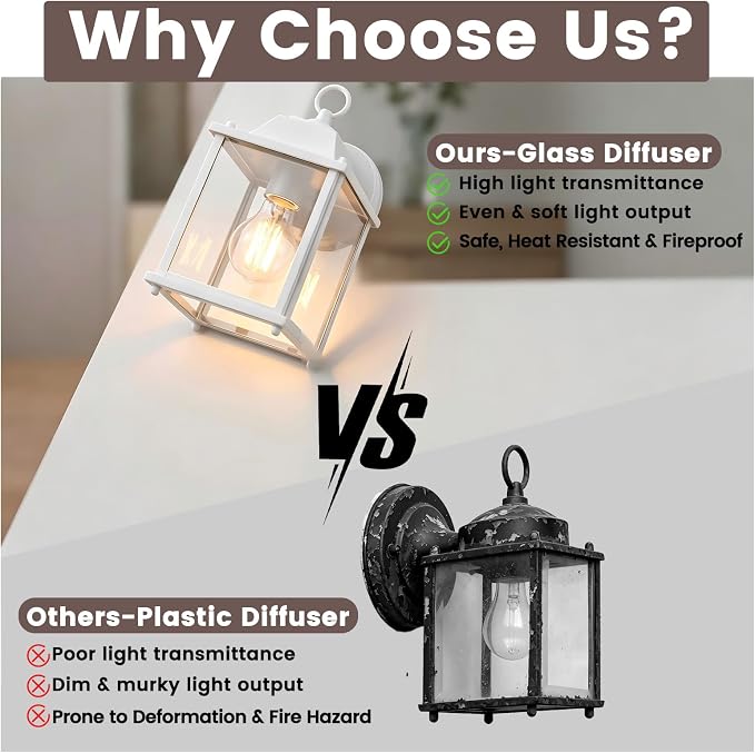 Outdoor Light Fixture, Classic Die-Cast Aluminum & Tempered Glass Porch Light for House, E26 Base (60W Max) Waterproof Wall Lantern for Front Door Garage Garden, ETL Qualified, White, 1 Pack