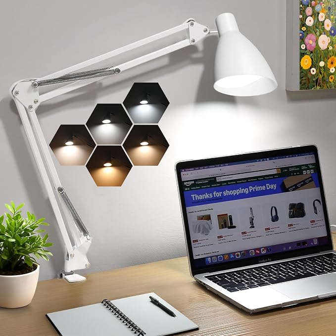 Swing Arm Desk Lamp with Clamp, Adjustable Arm LED Clamp on Desk Lamps with 5 Color Modes and 10 Brightness for Home Office Reading Drafting Study (White)