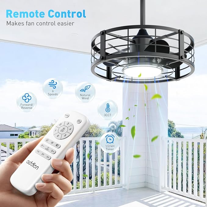 addlon 20" Outdoor Ceiling Fan with Light for Patio, IP65 Plug in Caged Fan | Waterproof, Hanging Hook, Reversible DC Motor, 6 Speeds, Remote Control, Quiet Operation, Timer, for Gazebo, Patio, Porch